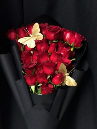 Red Roses Bouquet With Golden Butterflies